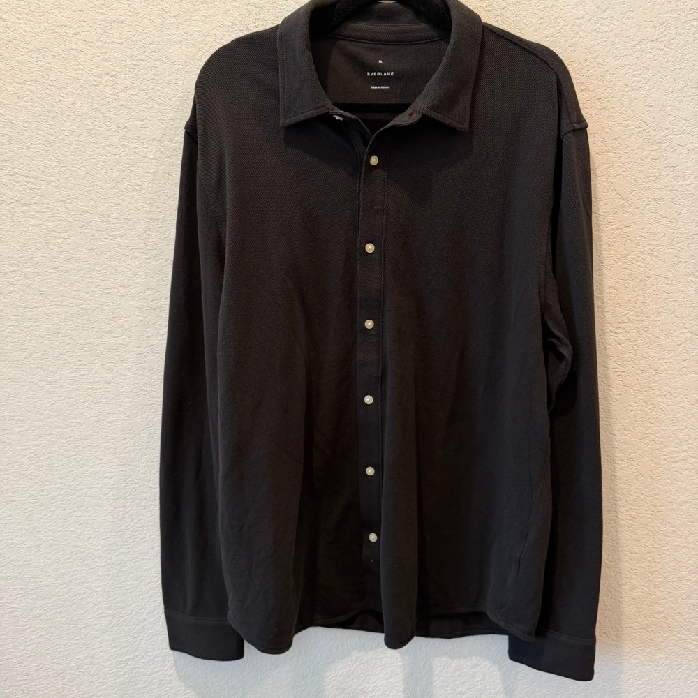Everlane Mens XL Long Sleeve Pique Knit Button Down Polo Shirt Charcoal Black